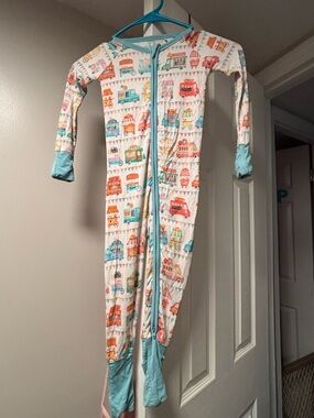Kids Footed Pajamas with Food Truck Print - Light Blue Trim